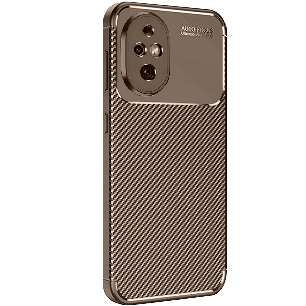 Karbon desenli ve kamera kesimli kahverengi telefon kılıfı.