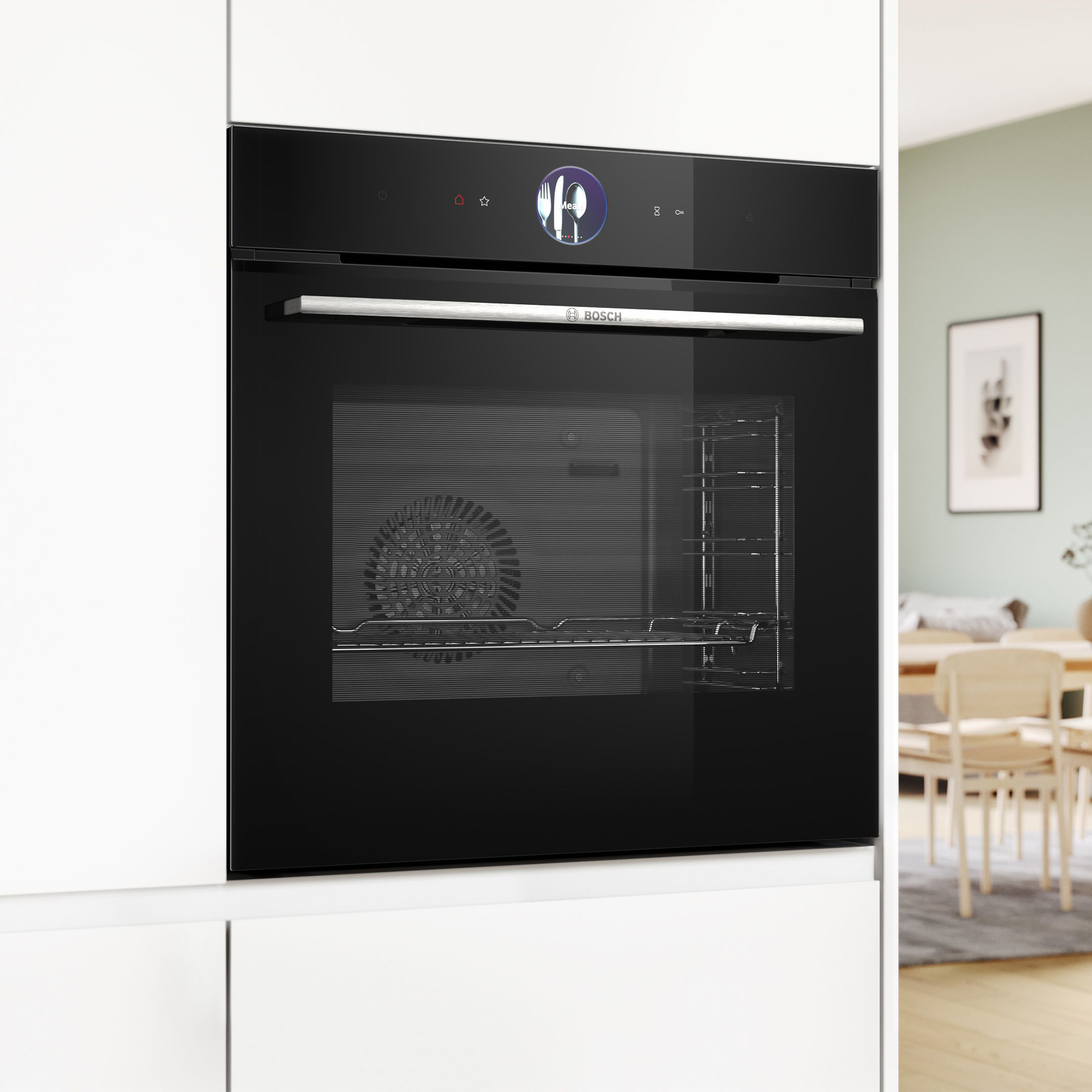 Ein moderner schwarzer Einbaubackofen mit Touchscreen und silbernem Griff.