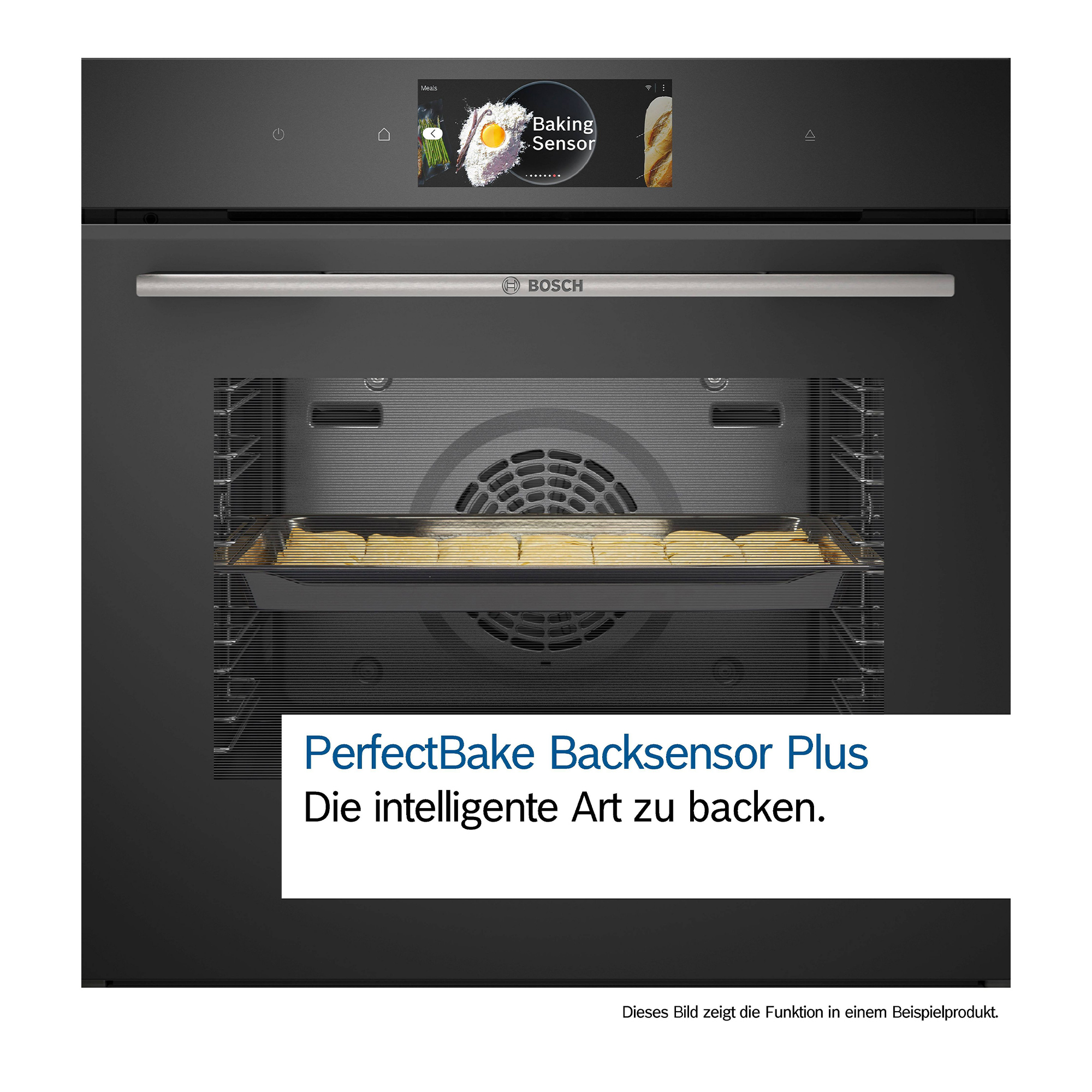 Ein moderner Bosch-Backofen mit Touchscreen, der Backwaren im Inneren anzeigt.