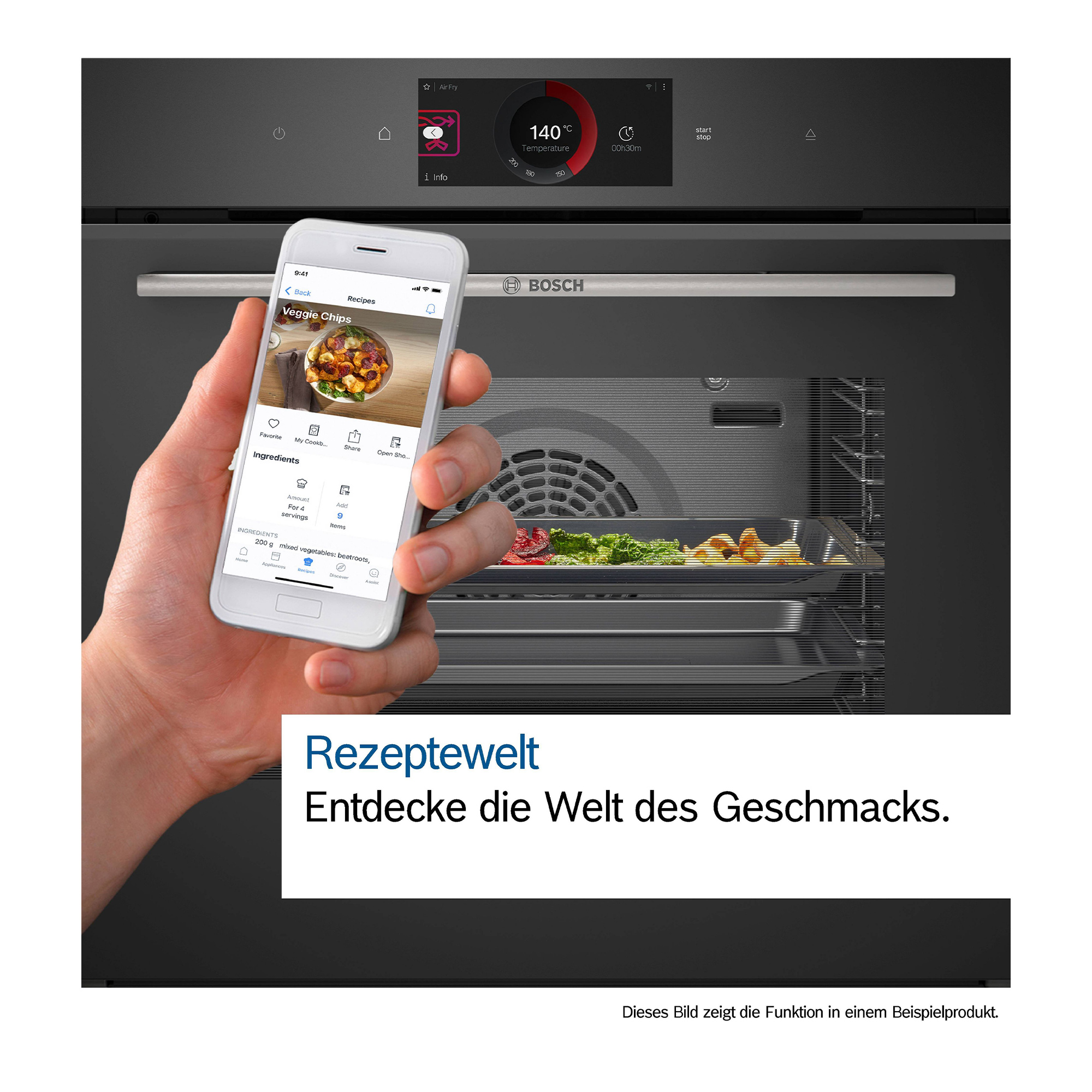 Ein Smartphone zeigt ein Rezept für Veggie Chips vor einem modernen Bosch-Backofen.