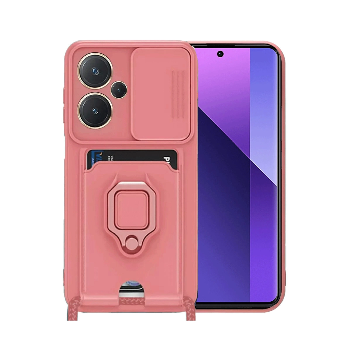 NEWFACE Xiaomi Redmi Note 13 Pro Plus Uyumlu Zuma Kartvizitli Yüzüklü Silikon Telefon Kılıfı Pembe
