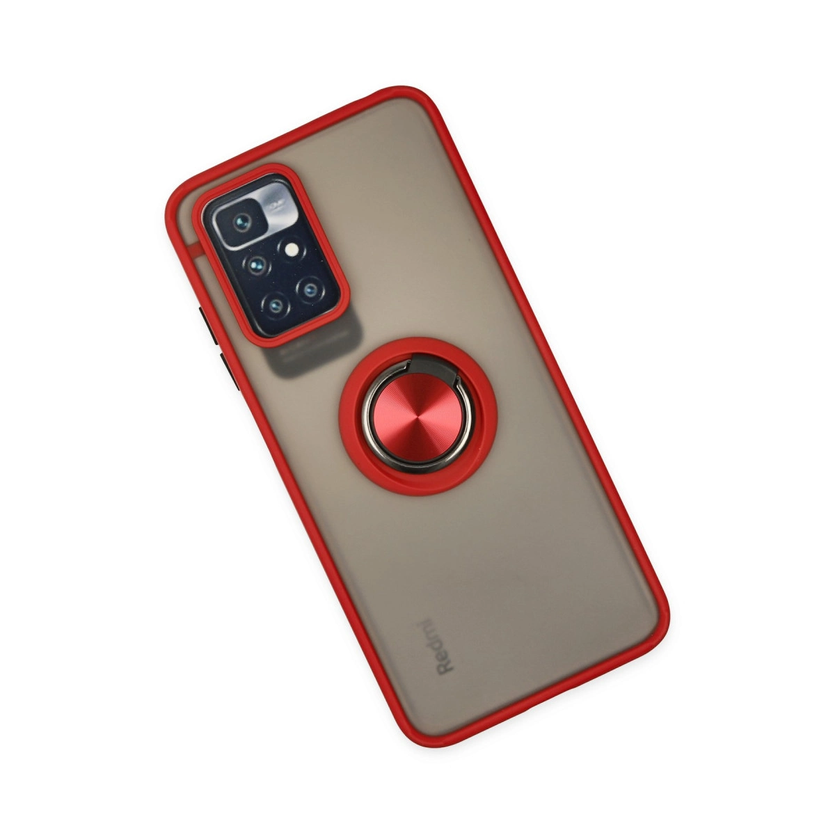 Kırmızı kenarlı, kamera modüllü ve halka tutuculu telefon kılıfı. Beyaz arka plan.