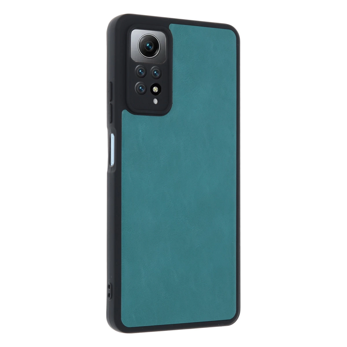 Dört lensli kamera çıkıntılı, siyah çerçeveli teal rengi telefon kılıfı.