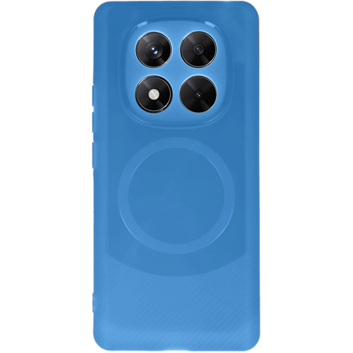 Dört kamera lensli ve yuvarlak manyetik halkalı mavi telefon kılıfı.