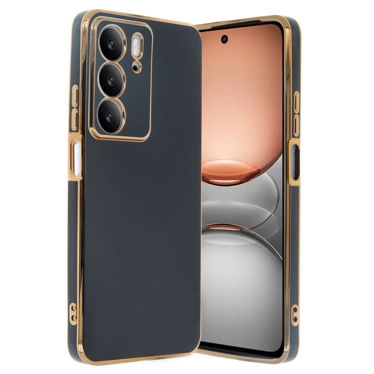 Altın kenarlı, üç kameralı koyu gri telefon kılıfı.