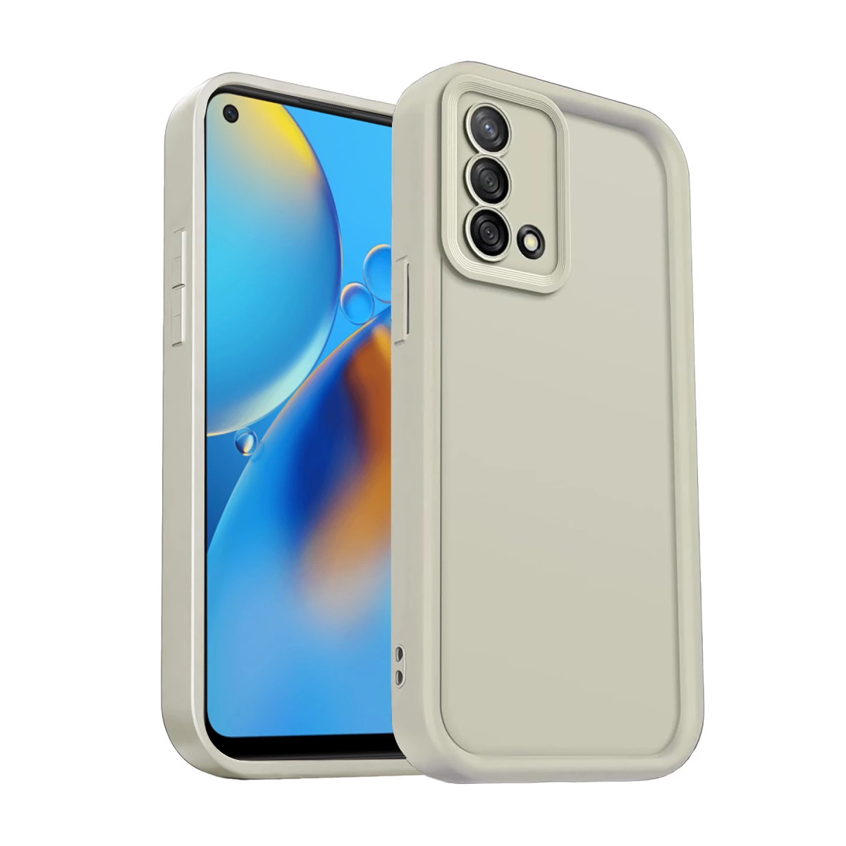 Üç kamera lensi ve flaşlı, koruyucu kılıfta açık bej renkli bir telefon.