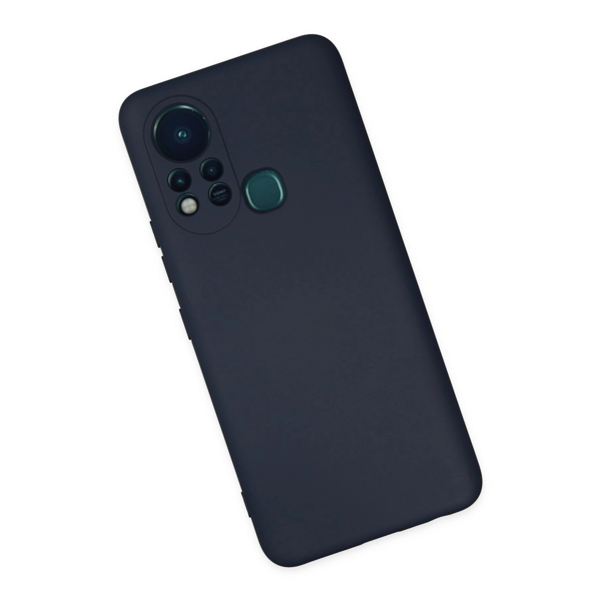 Kamera modülü ve parmak izi sensörlü lacivert akıllı telefon arkası.
