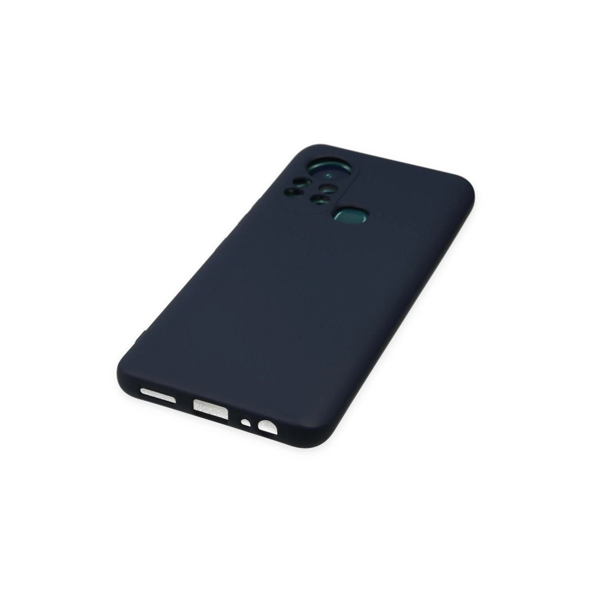 Beyaz zeminde lacivert telefon kılıfı. Kamera kesiği görünür.