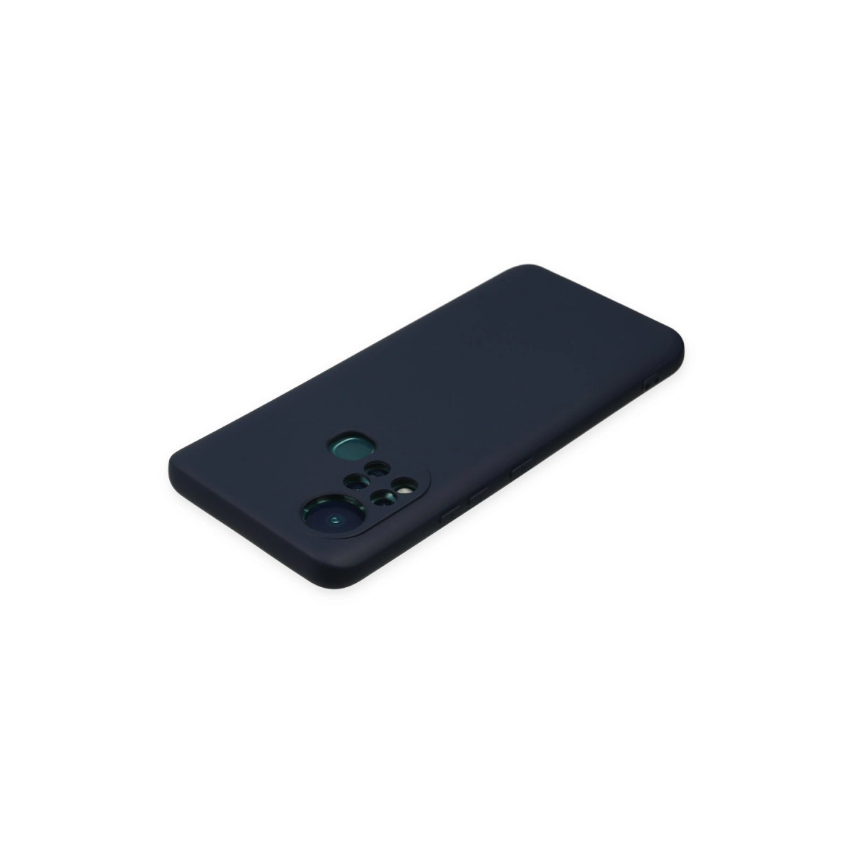 Koyu mavi telefon kılıfı, kamera kesimiyle, beyaz zeminde.