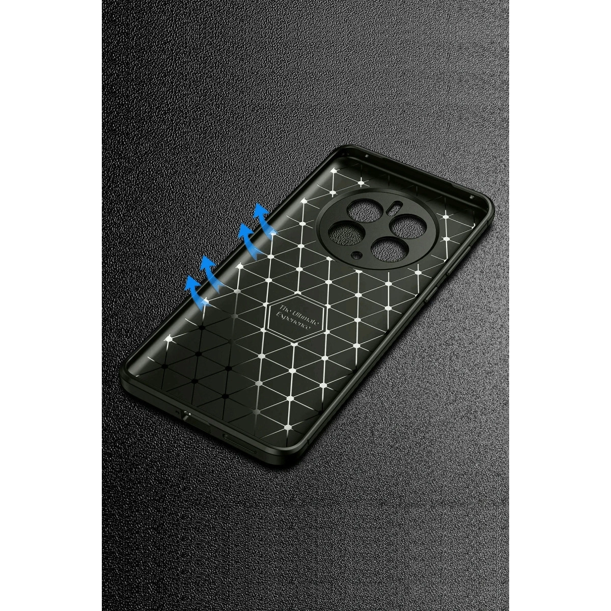 Izgara desenli siyah telefon kılıfı, mavi oklar havalandırmayı gösteriyor.