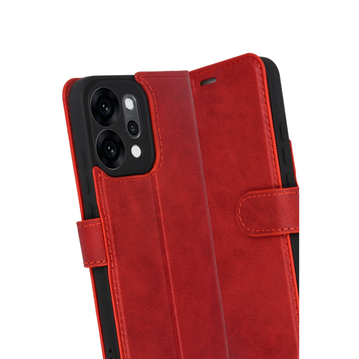 Kamera adacığını ve tokasını gösteren kırmızı kapaklı telefon kılıfı.