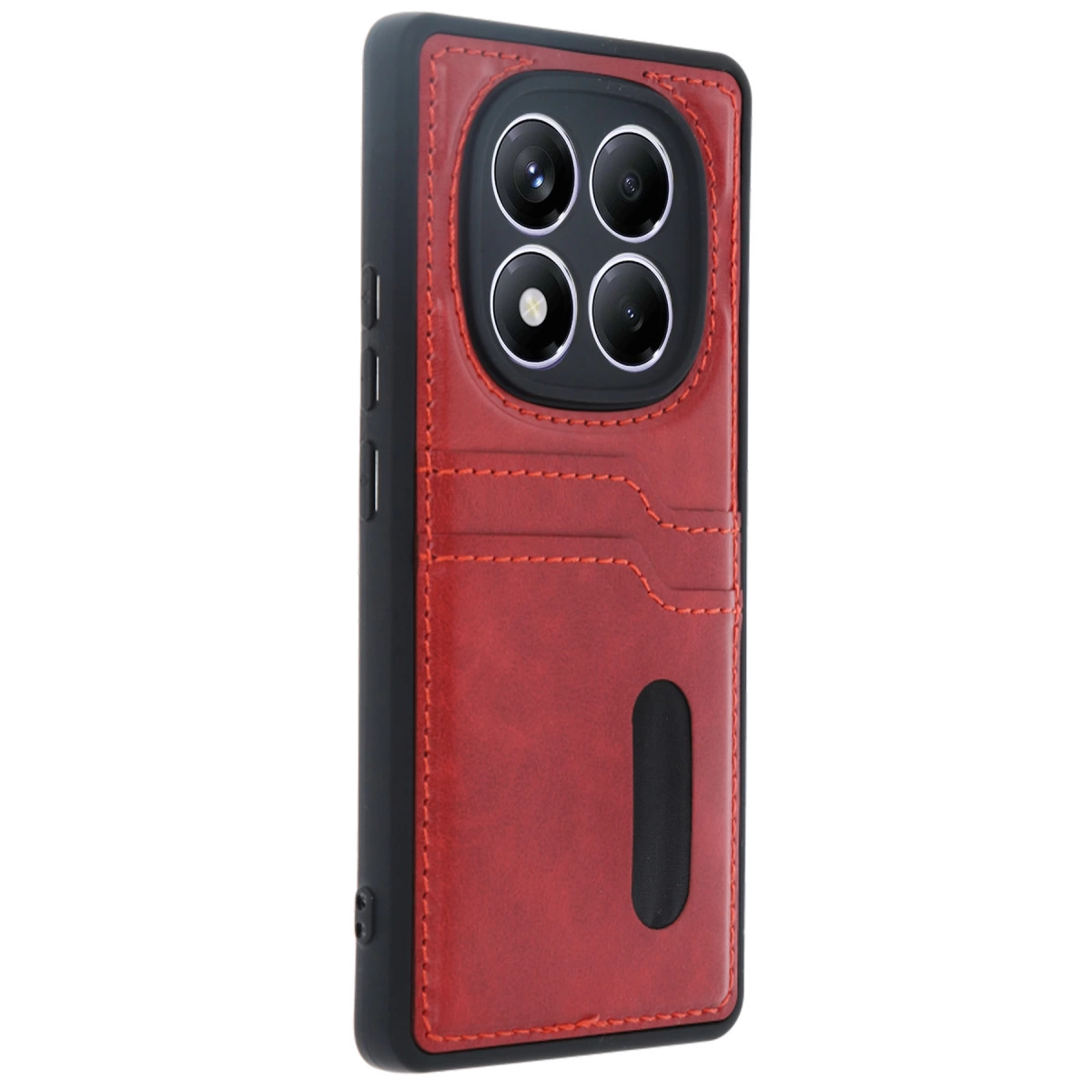 Dört kamera lensli ve kart yuvalı kırmızı telefon kılıfı.