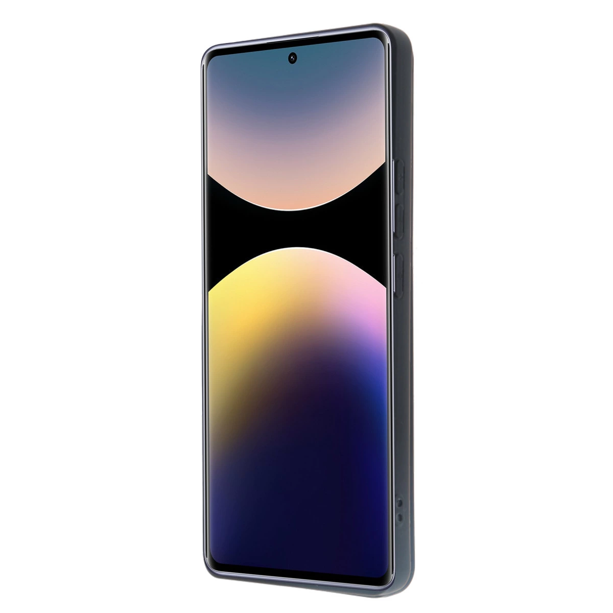 Ekranında soyut, renkli bir arka plana sahip koyu renkli bir akıllı telefon.