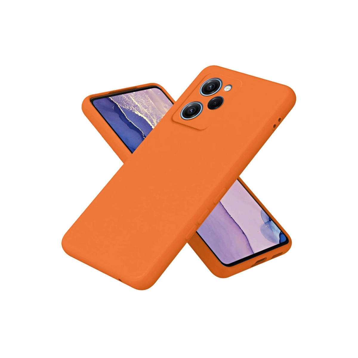 Kamera sistemli iki turuncu telefon kılıfı.