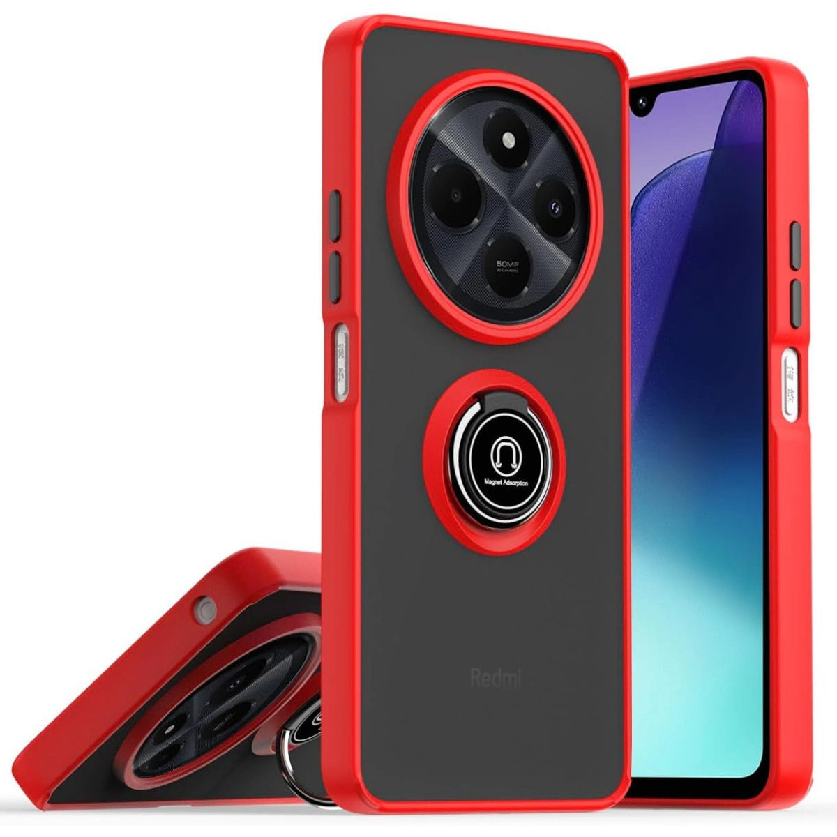 Siyah ek parçalı kırmızı telefon kılıfı, halka tutucu ve kamera.