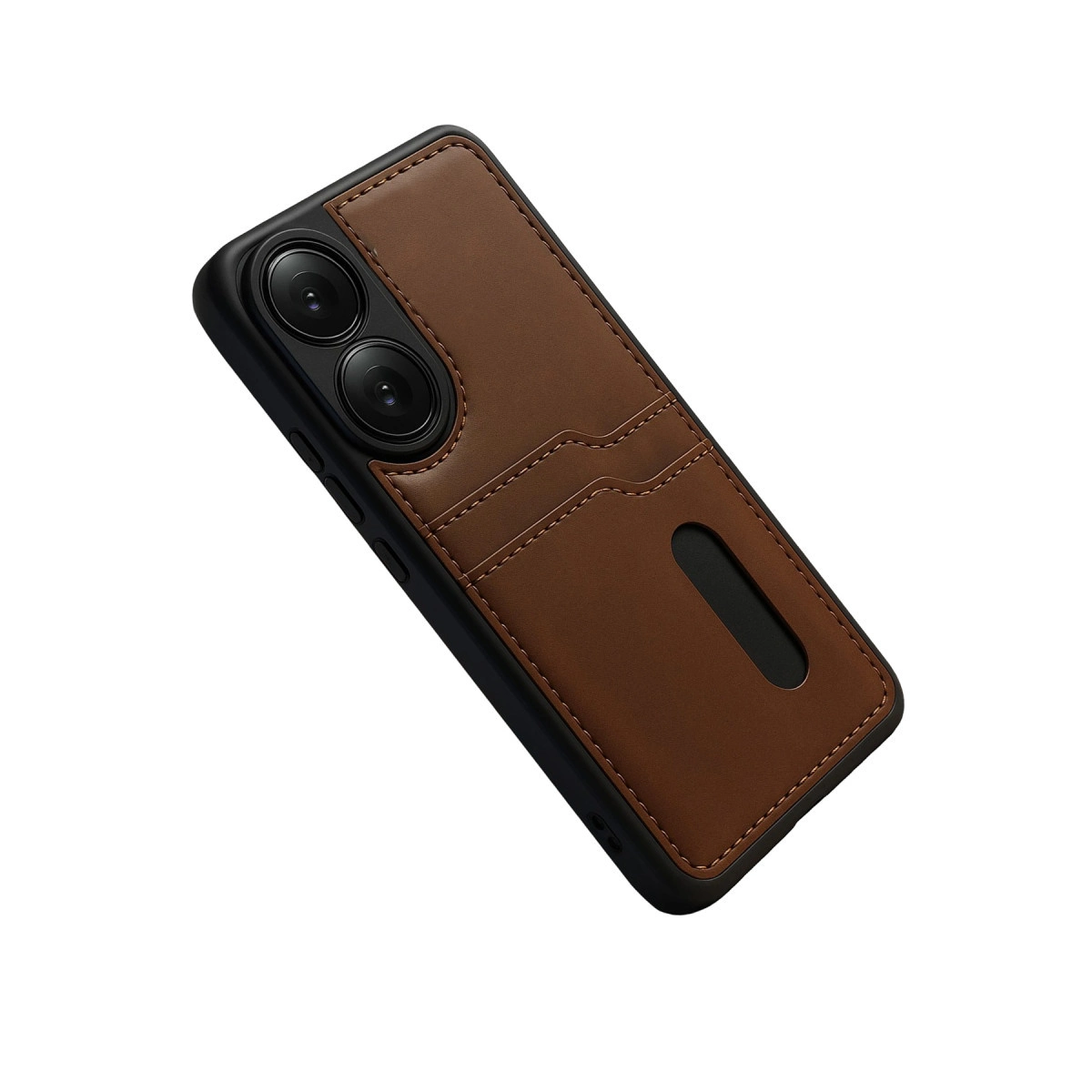 İki kamera lensli ve kart yuvalı kahverengi deri telefon kılıfı.
