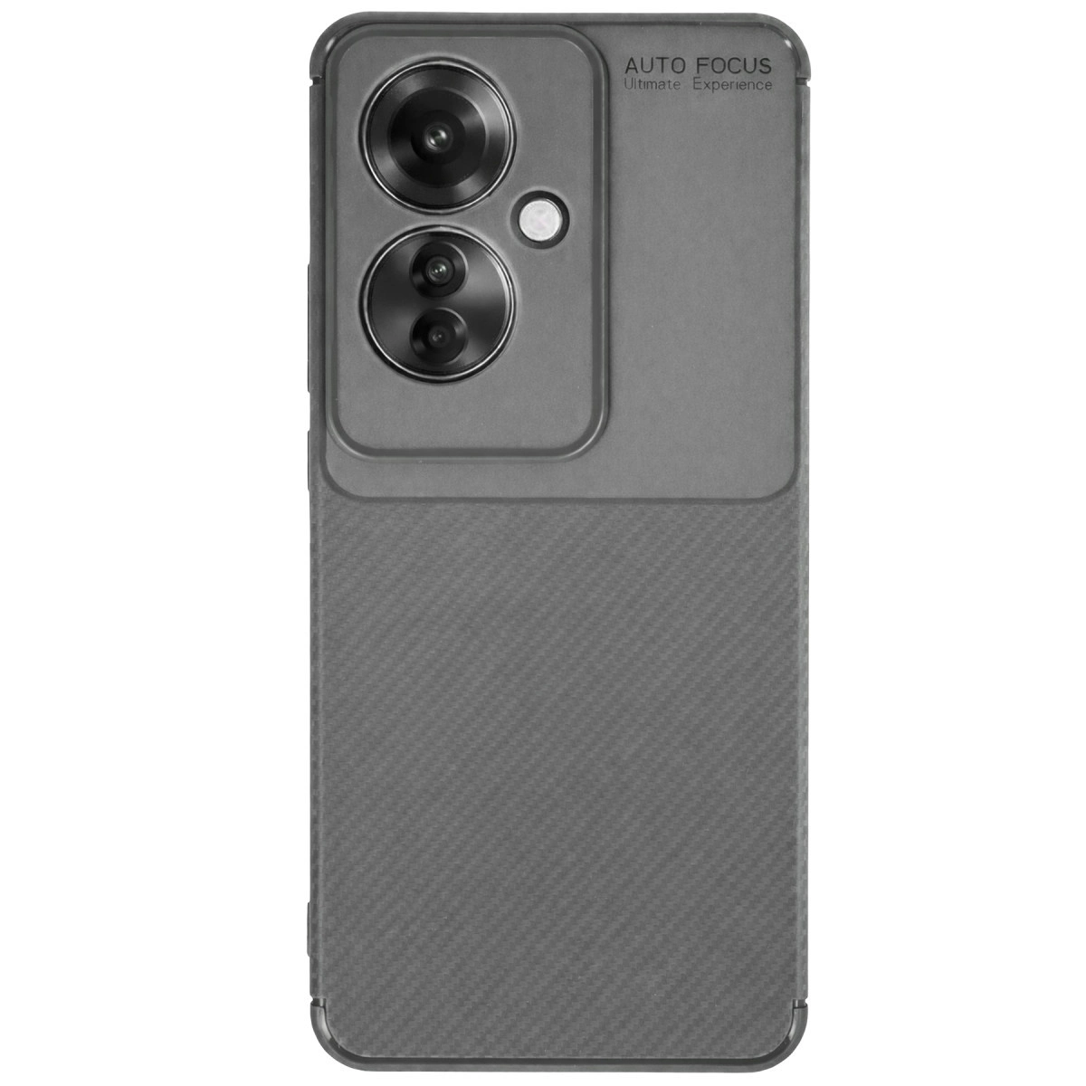 Karbon desenli gri telefon kılıfı ve görünen üçlü kamera ünitesi.