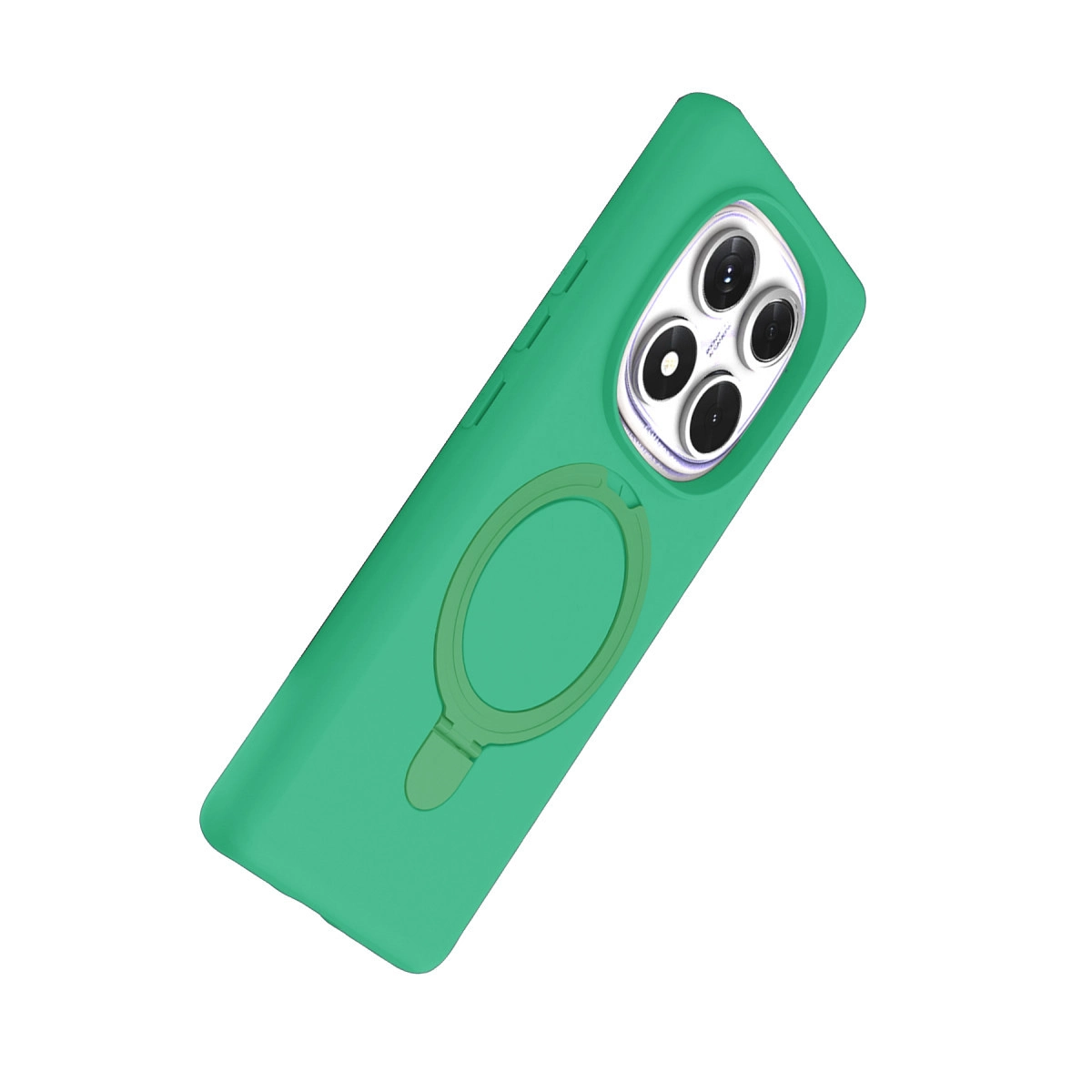 Halka tutuculu ve kamera kesimli yeşil telefon kılıfı, beyaz arka plan üzerinde.