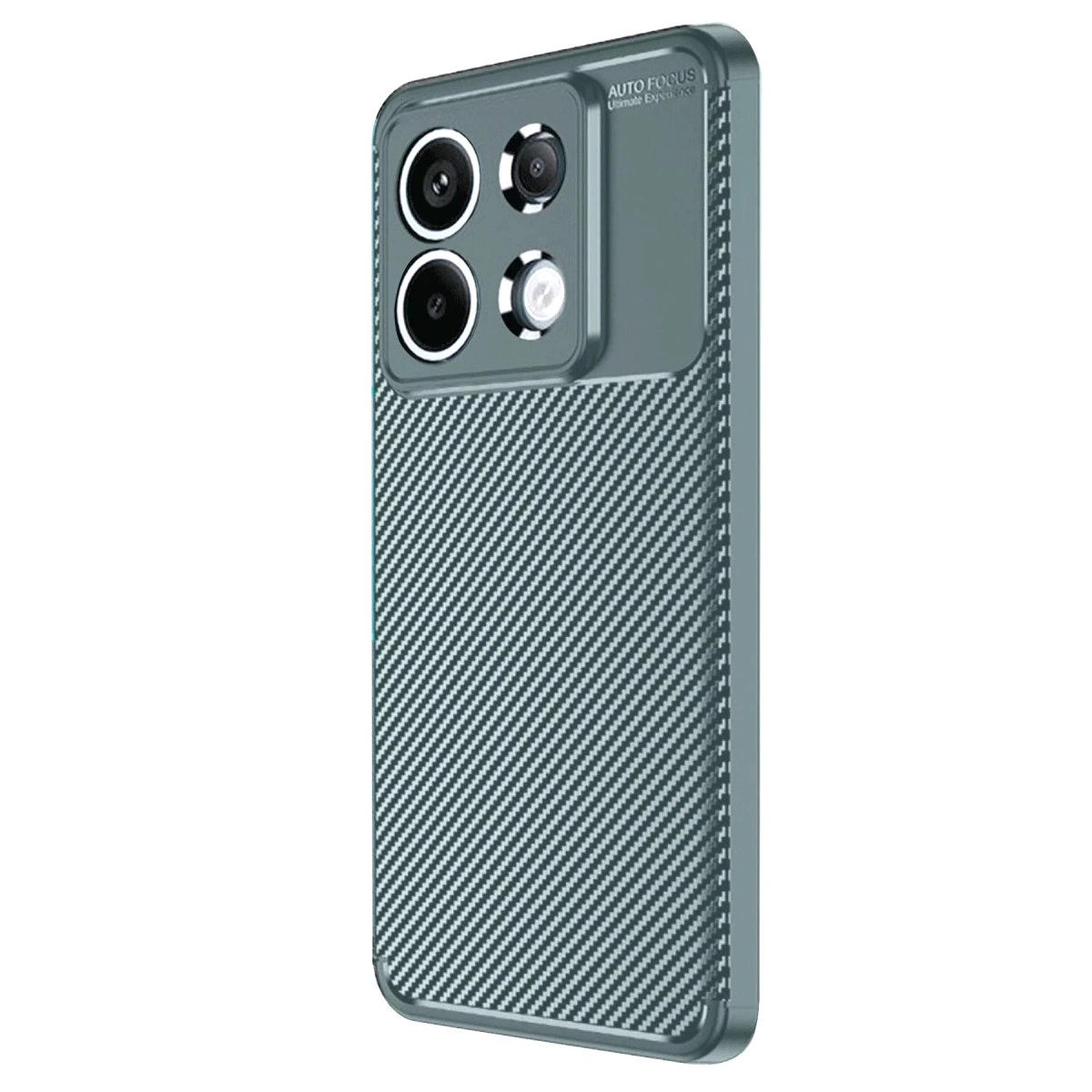 Karbon fiber desenli ve kamera modüllü, koyu renkli akıllı telefon kılıfının arkası.