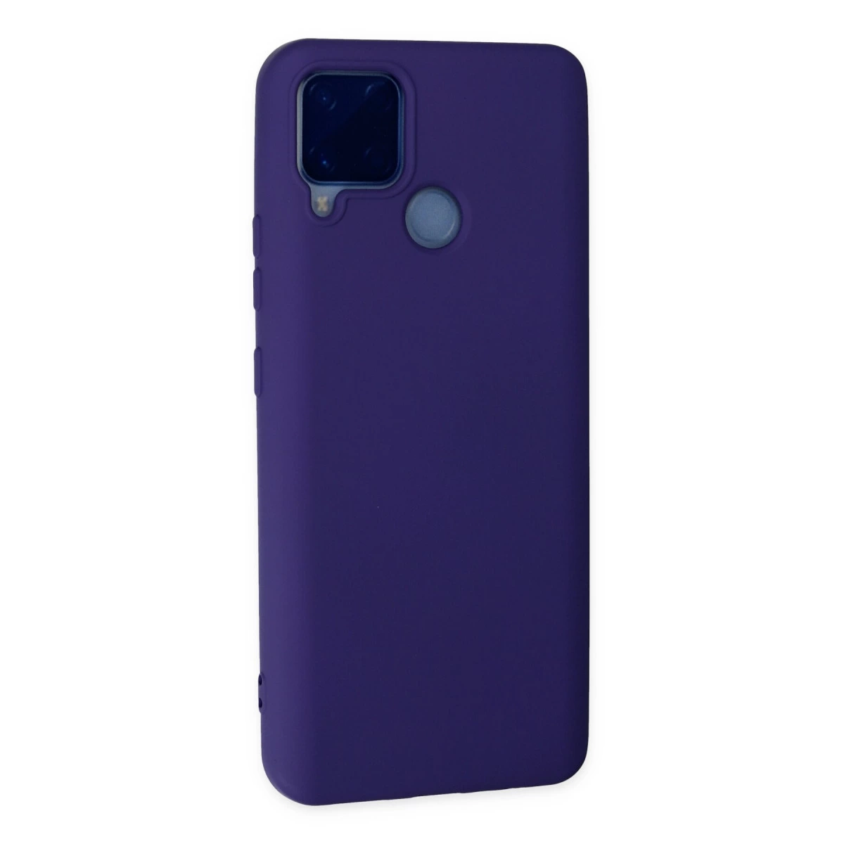 Kamera modülü ve parmak izi sensörlü koyu mor telefon kılıfı.