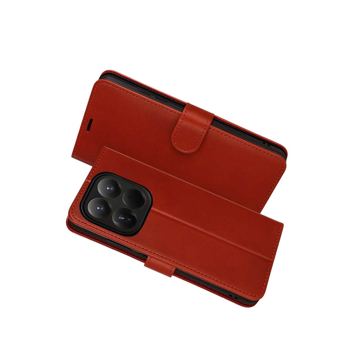 Üç kamera lensli kırmızı deri telefon kılıfı.