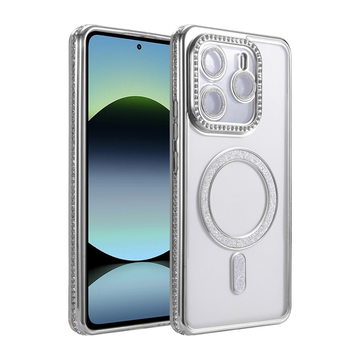 NEWFACE Xiaomi Redmi Note 14 4G Uyumlu Joke Simli Magneticsafe Telefon Kılıfı Gümüş
