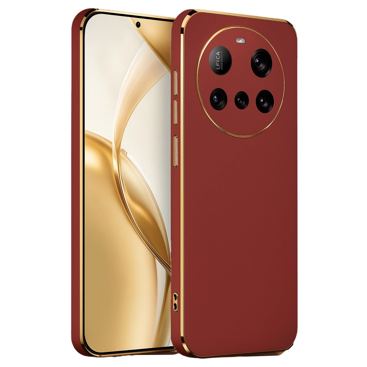 Altın kenarlı, arkasında dört kamera bulunan kırmızı bir akıllı telefon.