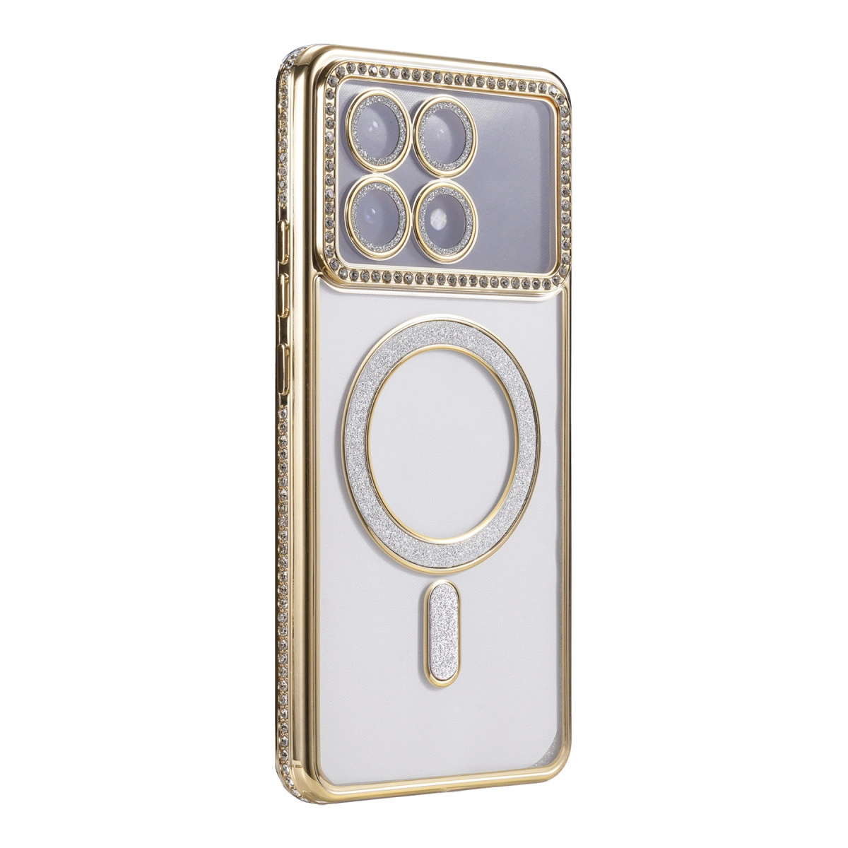 Dört kamera lensli, sim detaylı altın rengi telefon kılıfı.