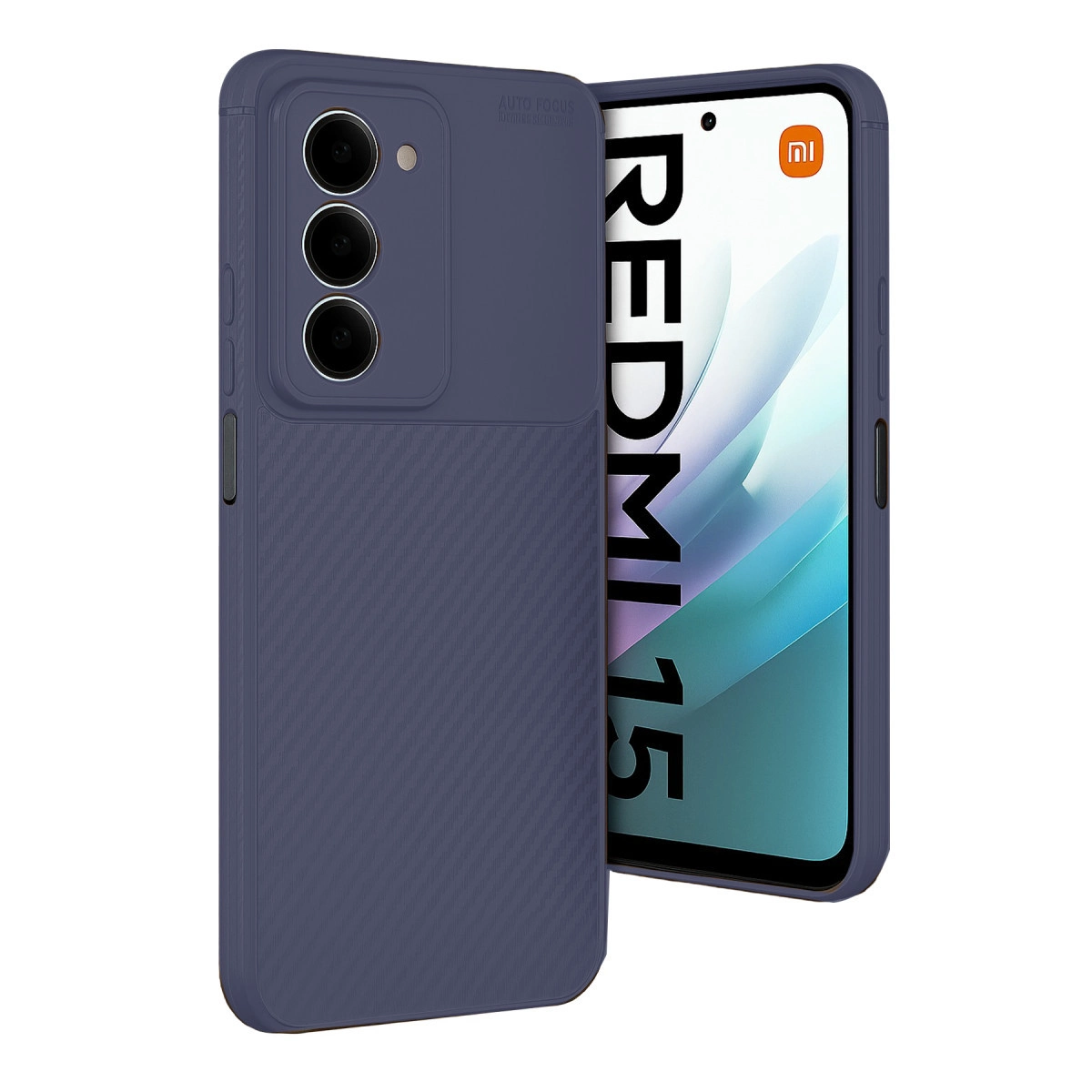Üç kamera lensli, REDMI 15 yazılı lacivert telefon kılıfı.