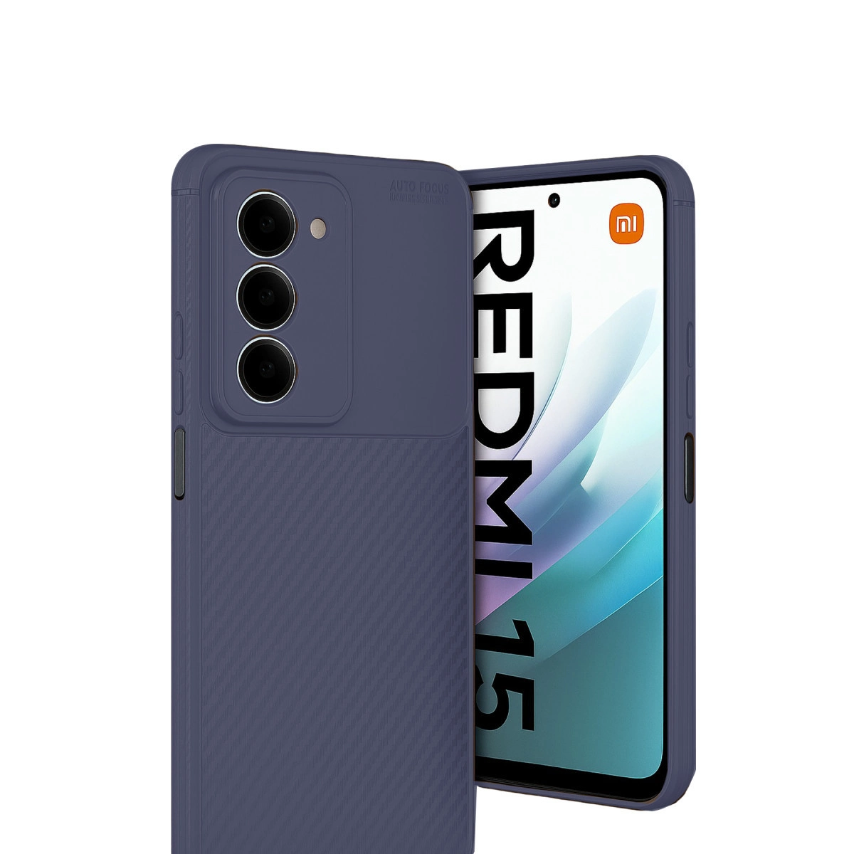 Üçlü kamera kurulumlu mavi telefon kılıfı, Redmi 15 gösteren bir akıllı telefonun yanında.