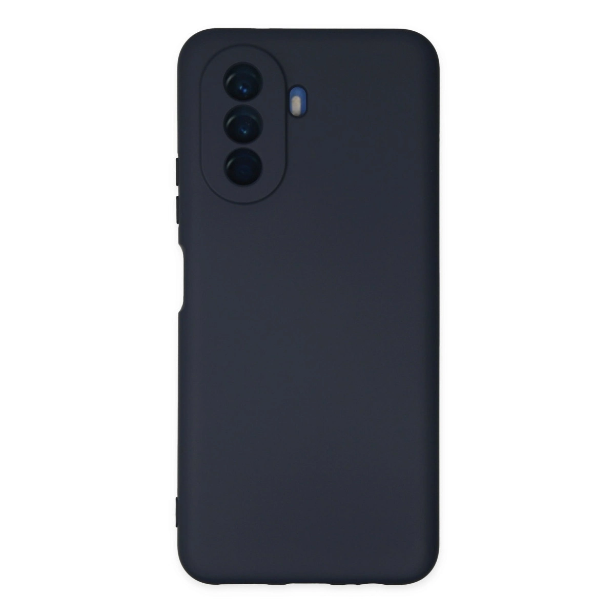 Arkada üçlü kamera ve flaşa sahip lacivert telefon kılıfı.