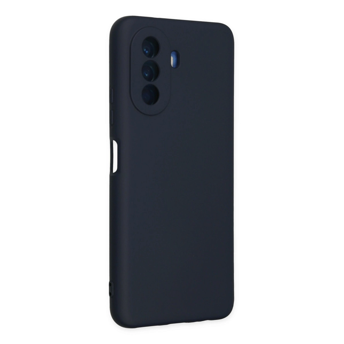 Üçlü kamera lens hizalamalı ve flaşlı lacivert telefon kılıfı.