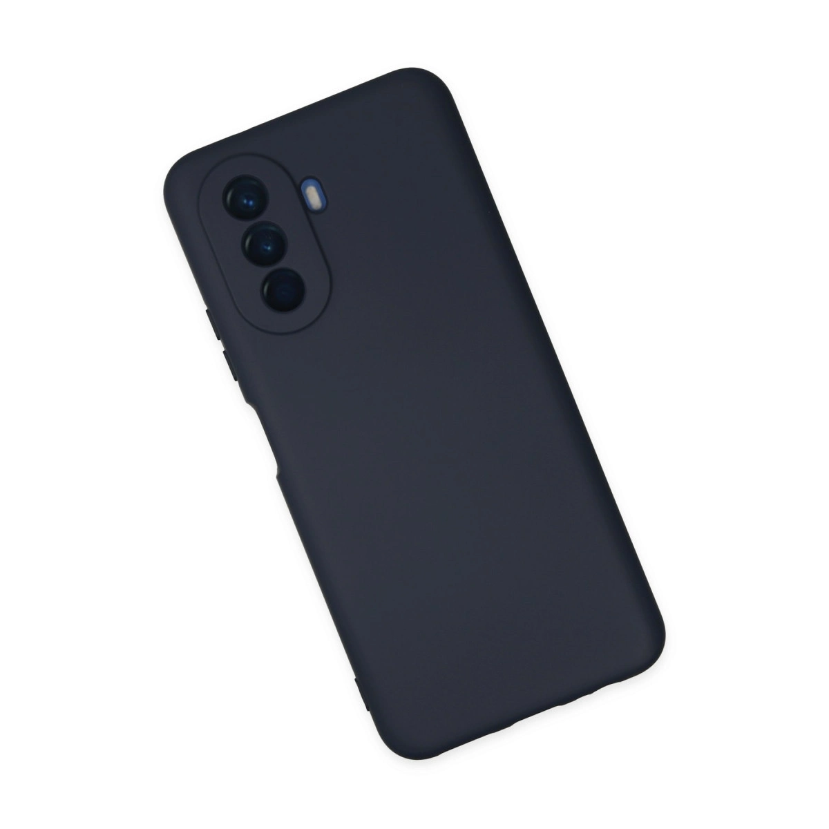 Üçlü kamera ünitesi ve flaşlı koyu gri telefon kılıfı.
