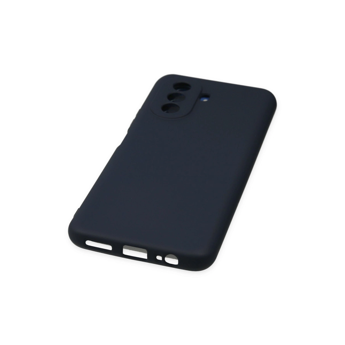 Kamera kesimi ve şarj portlu lacivert telefon kılıfı beyaz zeminde.