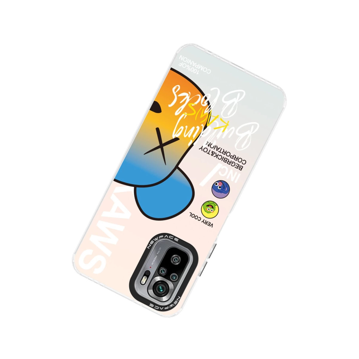 Karikatür karakterli, metinli ve kamera dizilimli telefon kılıfı.