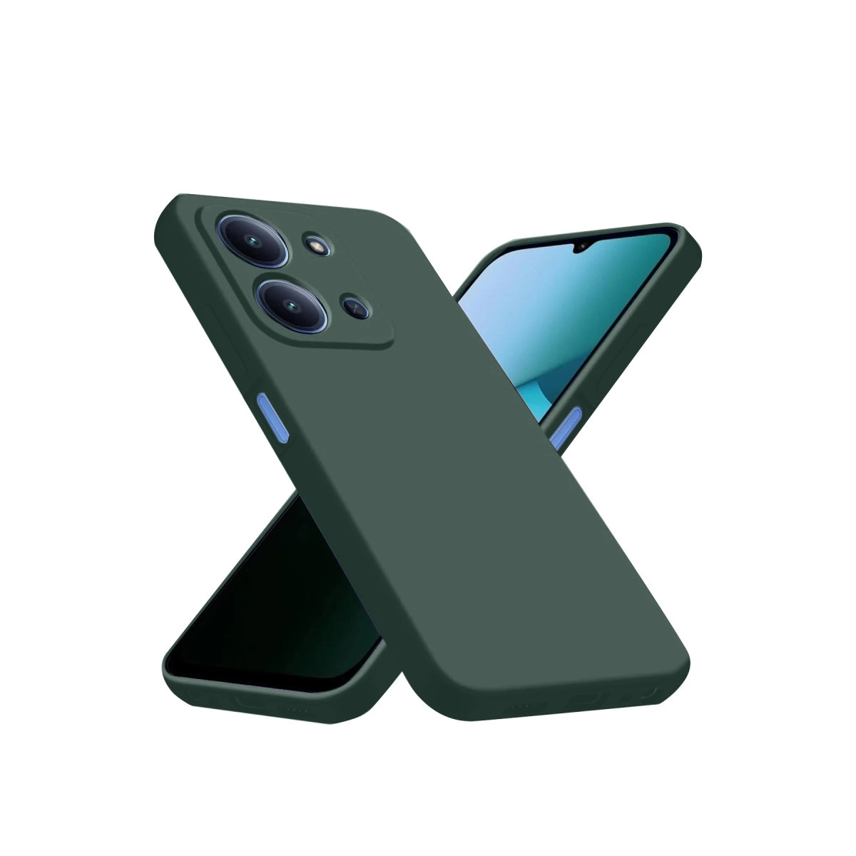 İki koyu yeşil telefon kılıfı üst üste binmiş. Bir kılıf kamera lenslerini, diğeri ekranı gösteriyor.