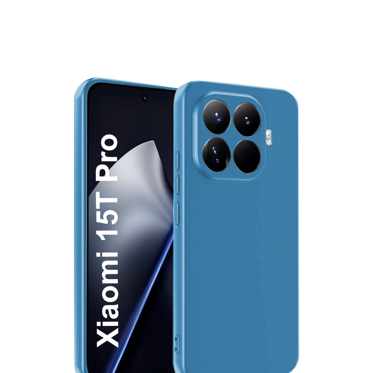 Dört kameralı mavi telefon kılıfı ve Xiaomi 15T Pro yazısı.