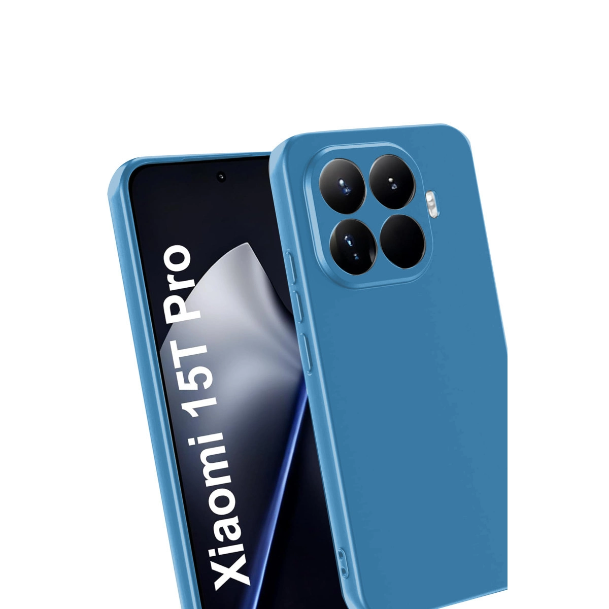 Mavi telefon kılıfı, dört arka kamerası olan bir akıllı telefonu kaplıyor. Ekranda 'Xiaomi 15T Pro' yazıyor.