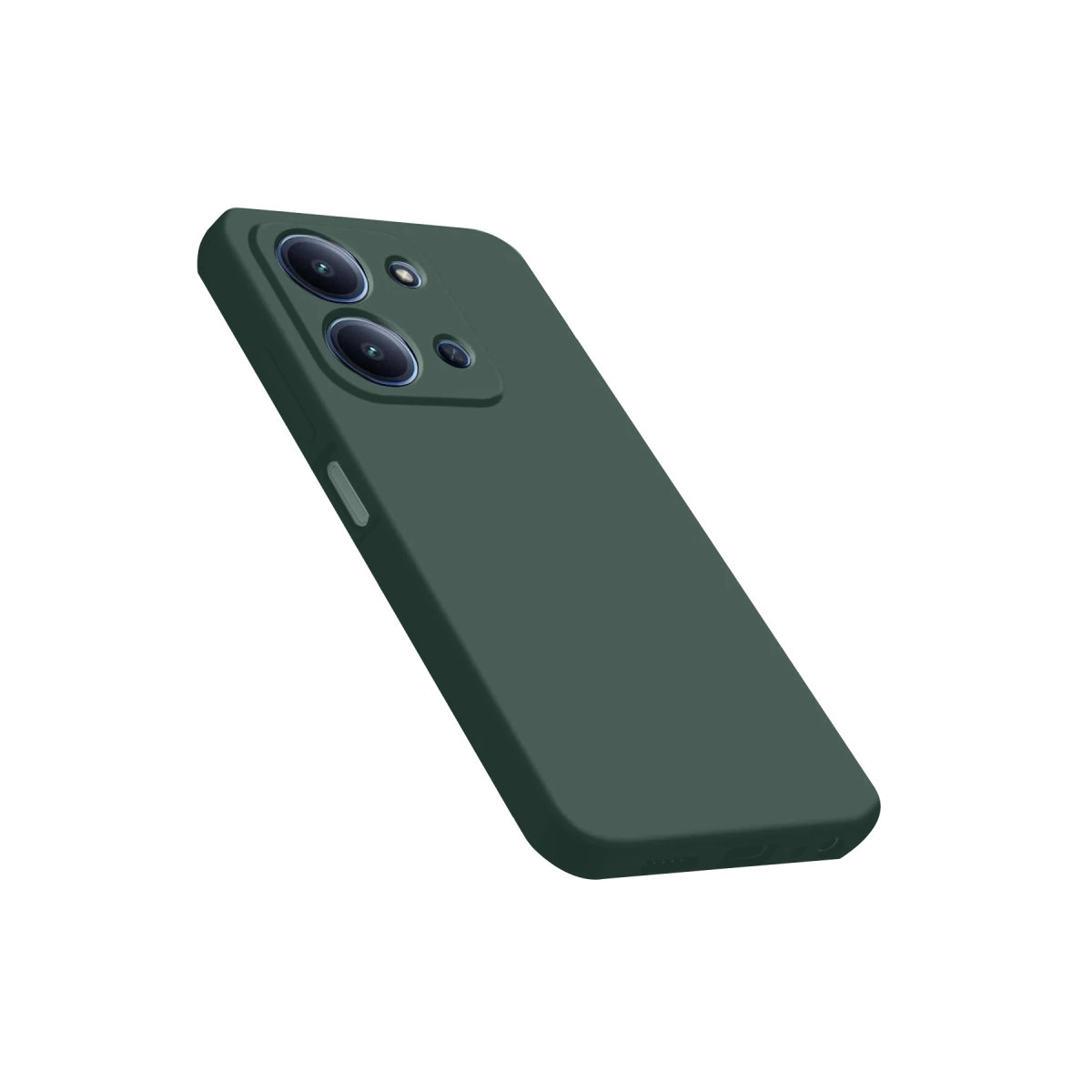 Üçlü kameraya sahip koyu yeşil telefon kılıfı, beyaz arka planlı.