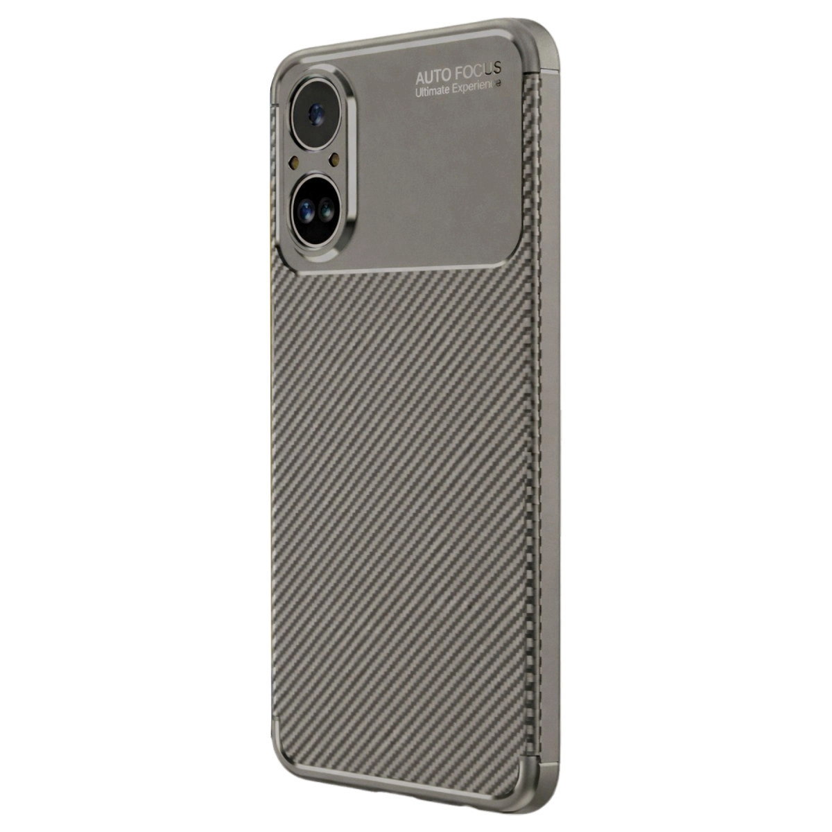 Karbon desenli ve kamera korumalı gri telefon kılıfı. Modern görünümlü.
