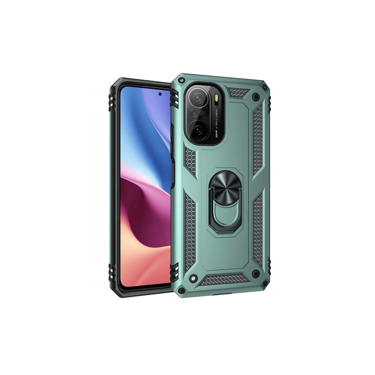 Halka tutuculu turkuaz telefon kılıfı. Kılıf altıgen desenli ve koruyucu kenarlıklıdır.