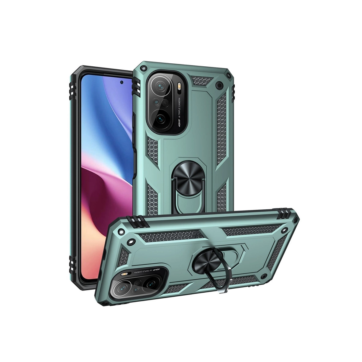 Mint yeşili telefon kılıfı seti halka tutuculu, beyaz arka plan üzerinde.