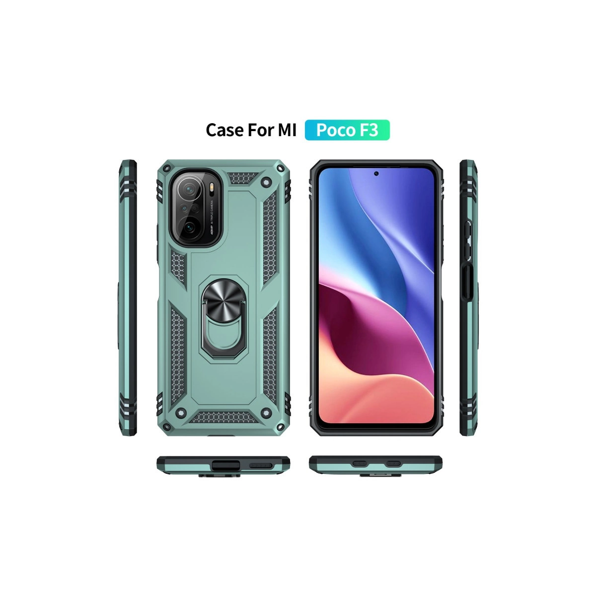 Halka standlı Poco F3 için nane yeşili telefon kılıfı, çeşitli açılardan gösterilmiştir.