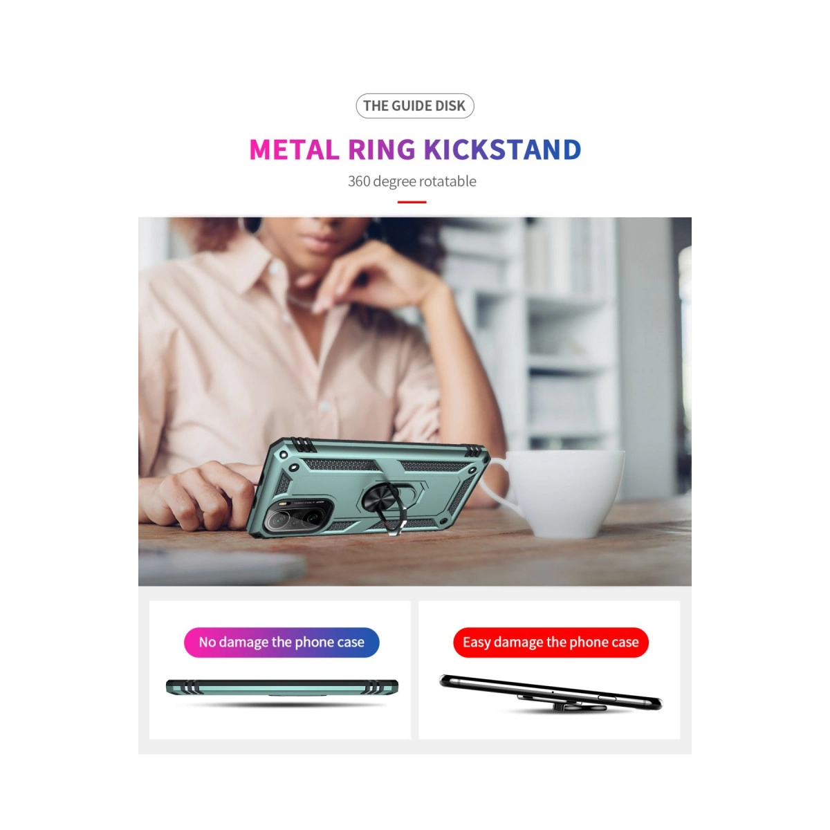 Masa üzerinde metal halka ayaklı telefon kılıfı, iki karşılaştırmalı çekim.