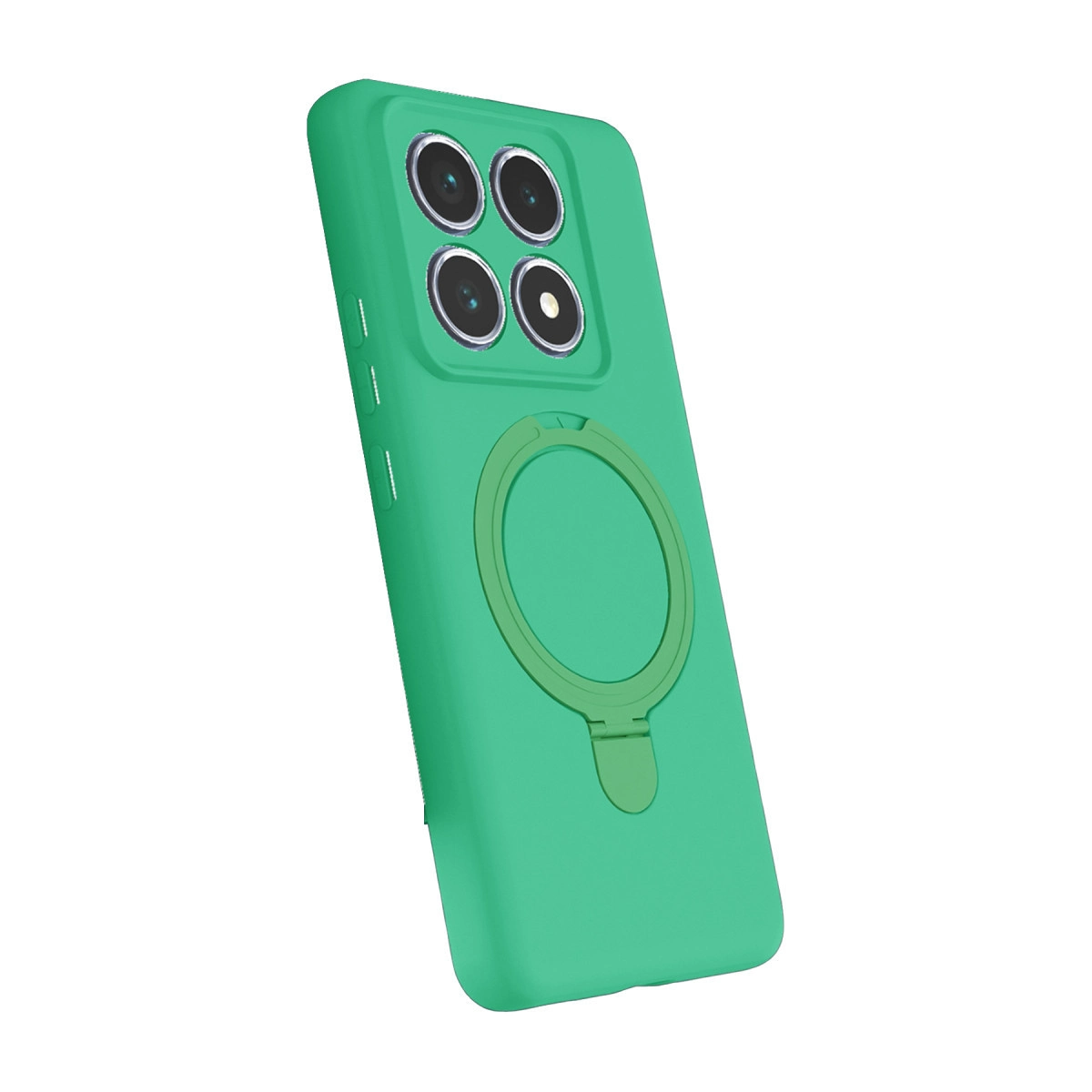 Dört kameralı, halka tutuculu yeşil telefon kılıfı.