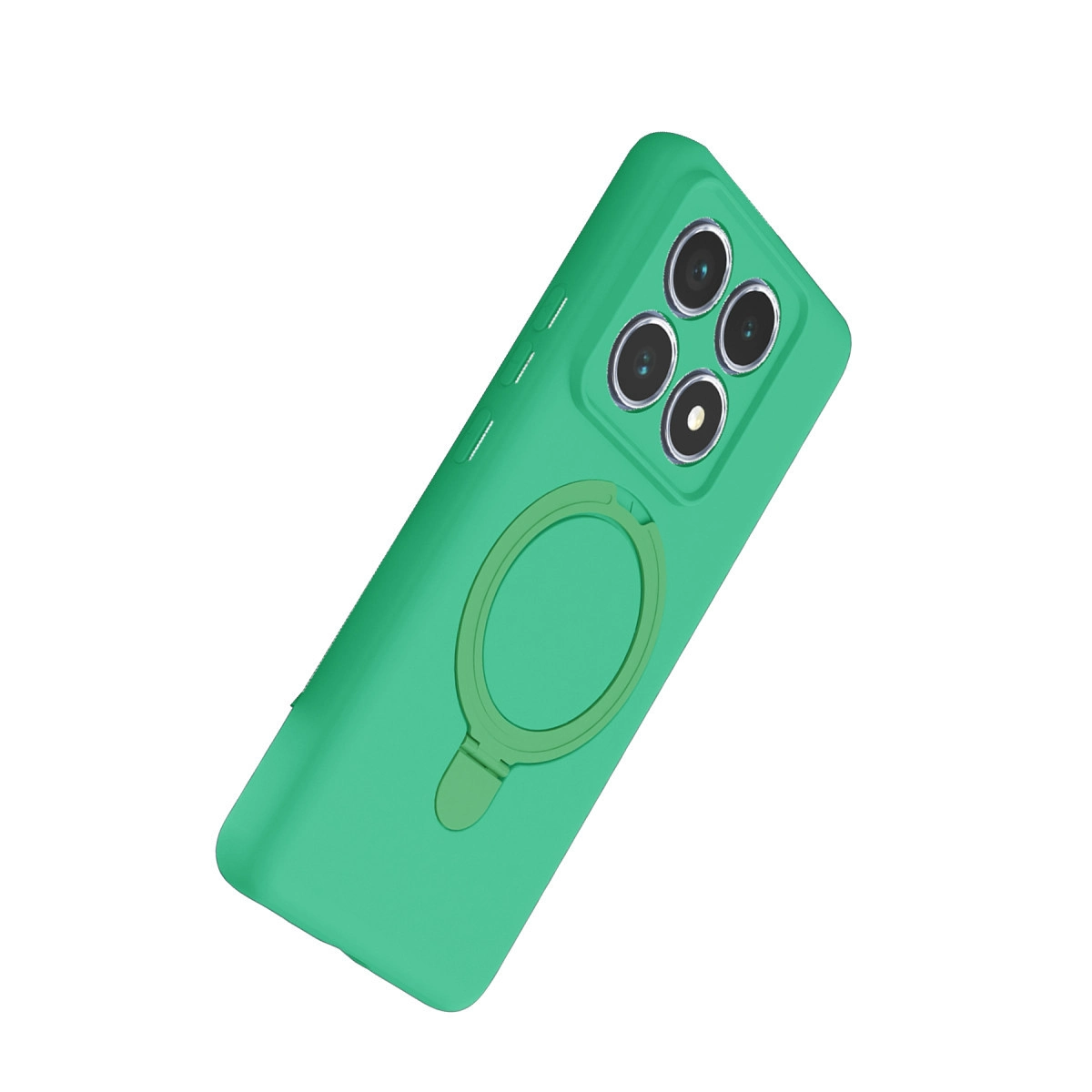 Dört kameralı, halka tutuculu yeşil telefon kılıfı beyaz zeminde.