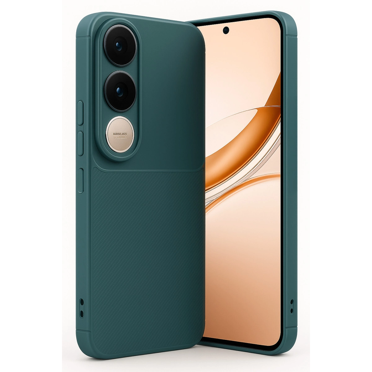 Üç kameralı ve ekran koruyuculu koyu yeşil telefon kılıfı.