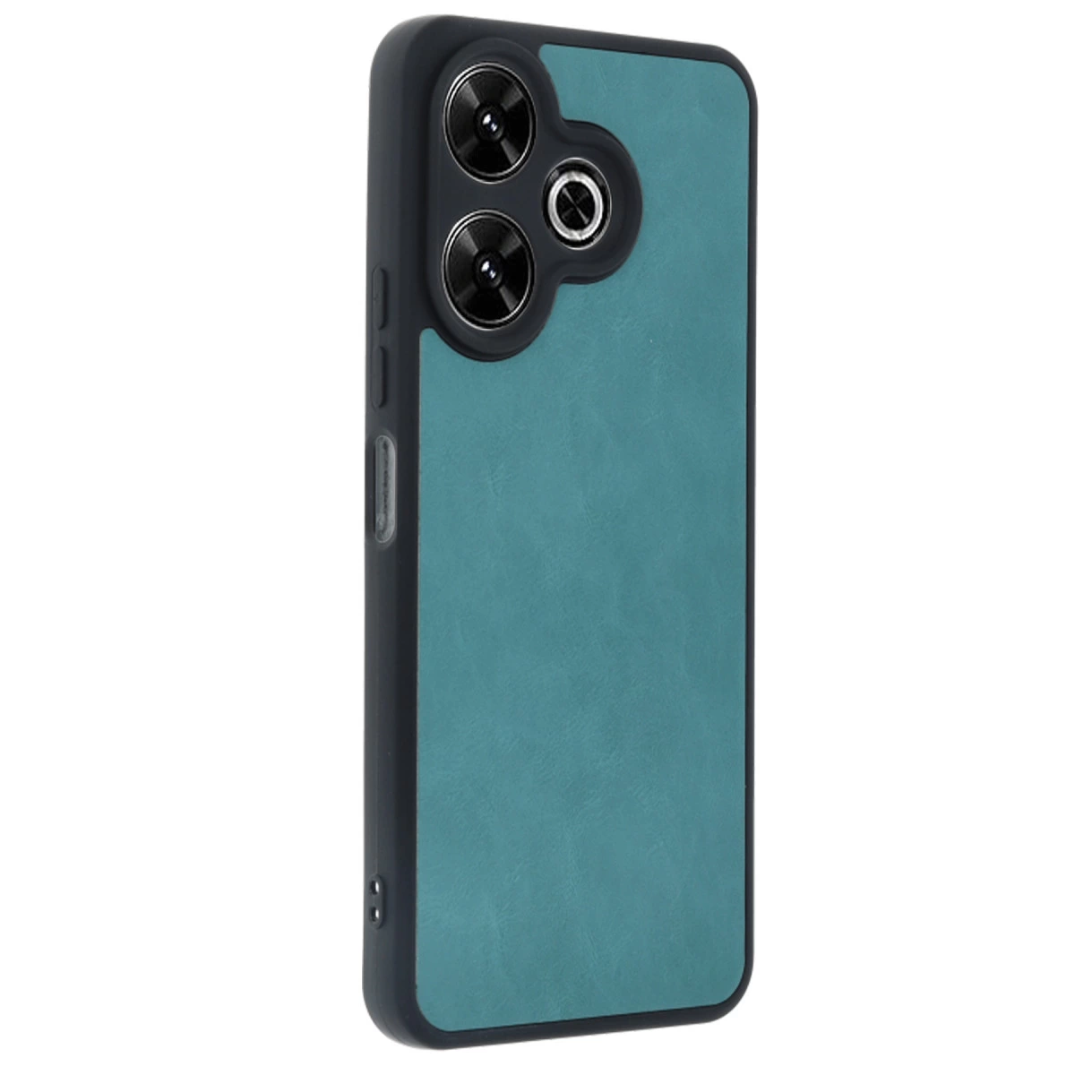 Üçlü kamera lensli ve siyah çerçeveli, teal renkli akıllı telefon kılıfı.