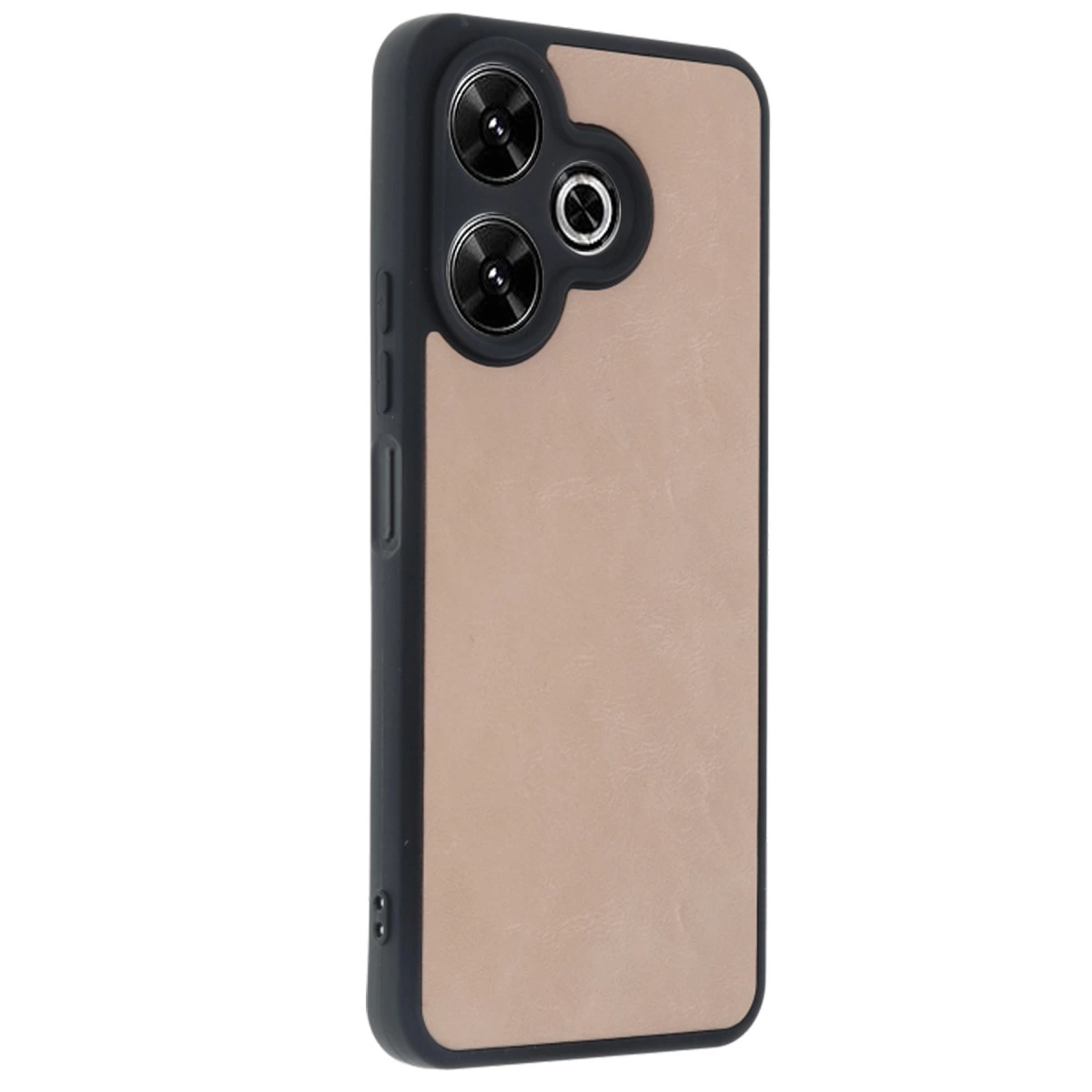 Bej rengi deri arkalı ve siyah çerçeveli bir telefon kılıfı.