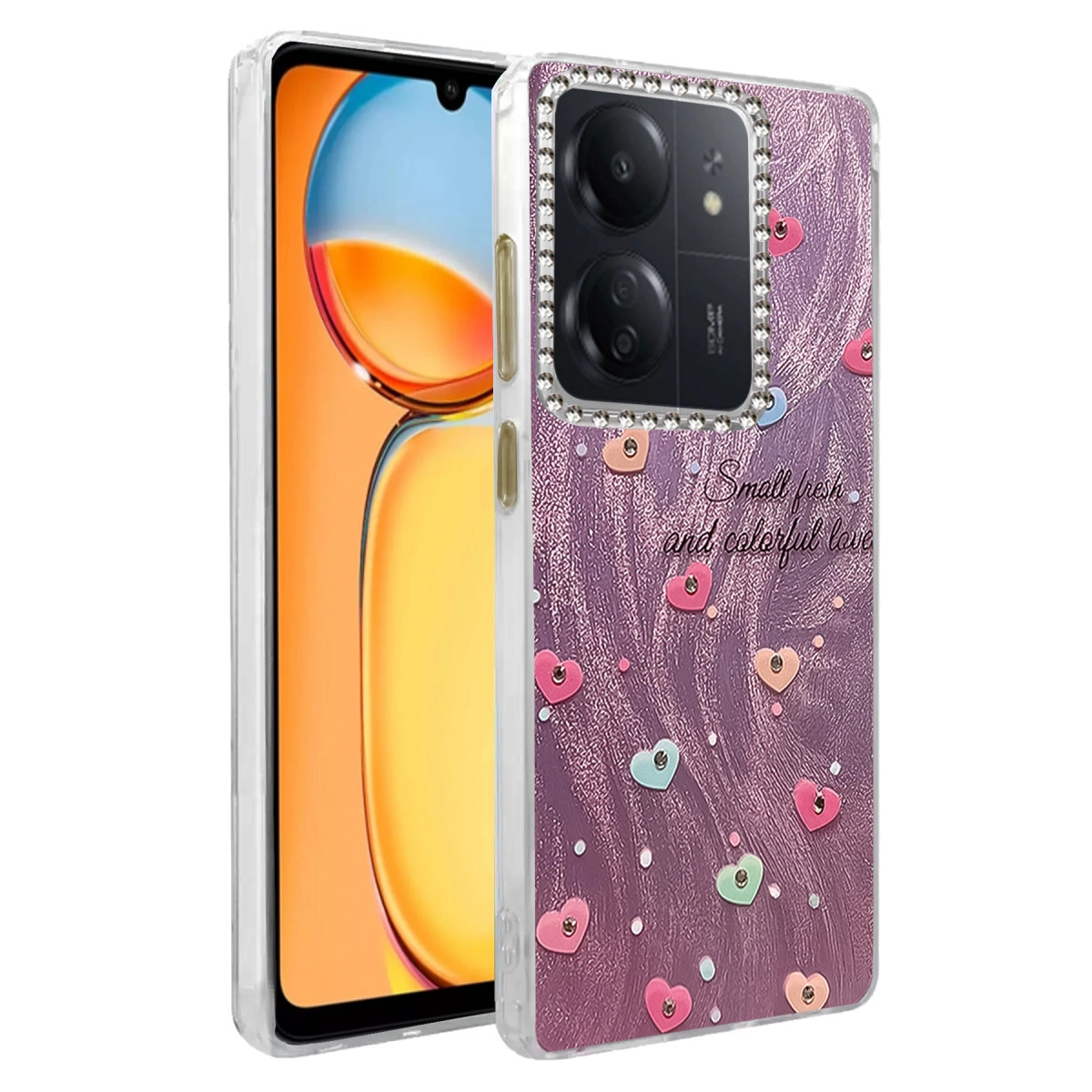 Kalpli ve simli mor telefon kılıfı, turuncu ekran görünüyor.